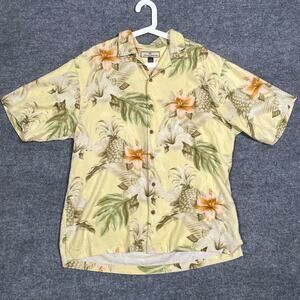 Tommy Bahama Mens Medium Button Up Shirt Yellow Silk Pineapple Floral Print